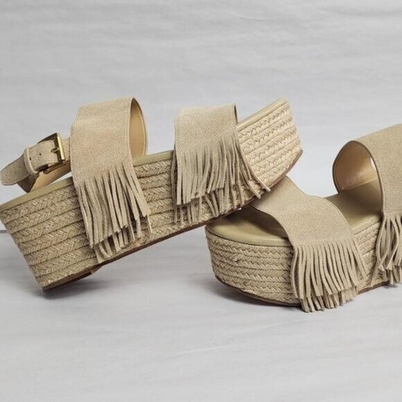 Michael Kors Hana Suede Boho Fringe Espadrille Platform Wedge Sandals Tan 9.5 - Picture 1 of 5